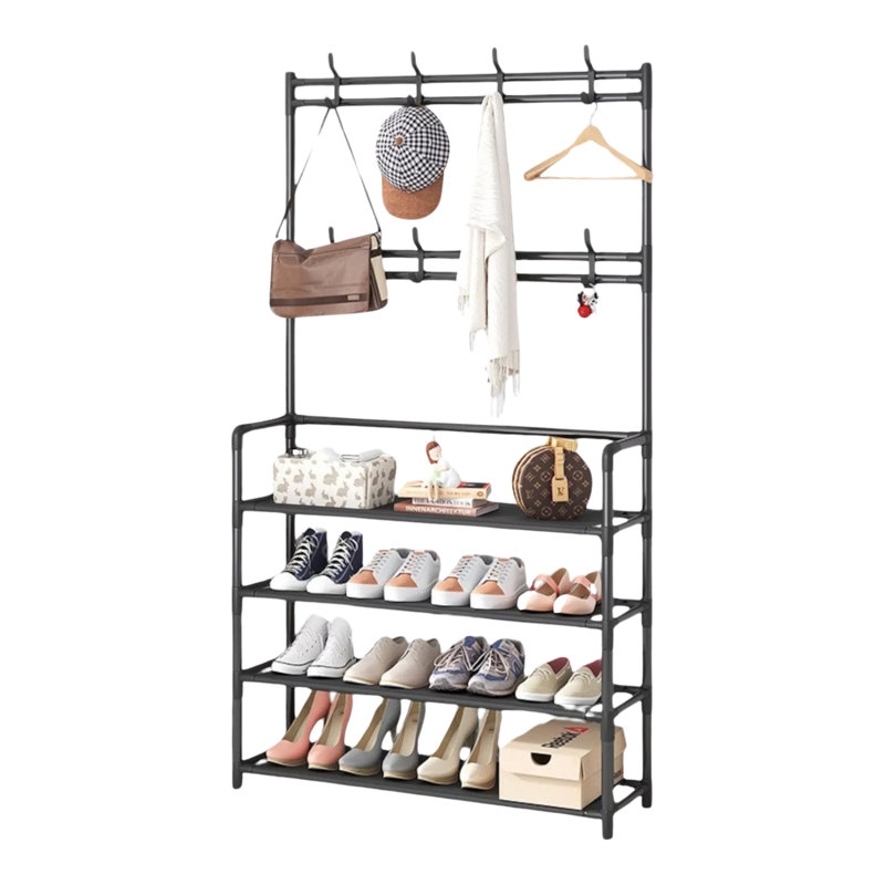 Anngelina Wide Industrial Metal Hall Tree Shoe Rack with Clothes Hangers