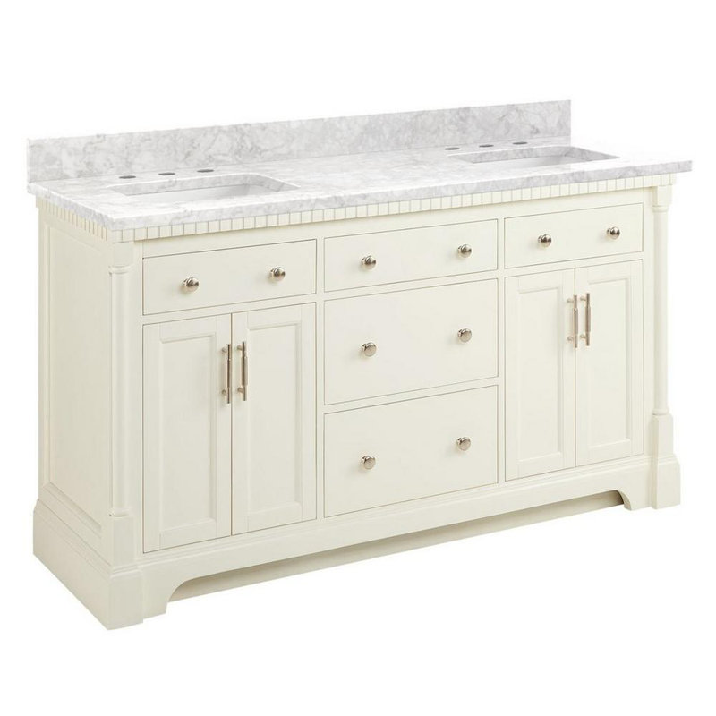 Claudia 60" Mahogany Double Basin Vanity Set with Cabinet, Vanity Top, Carrara Marble, White, 8" Widespread