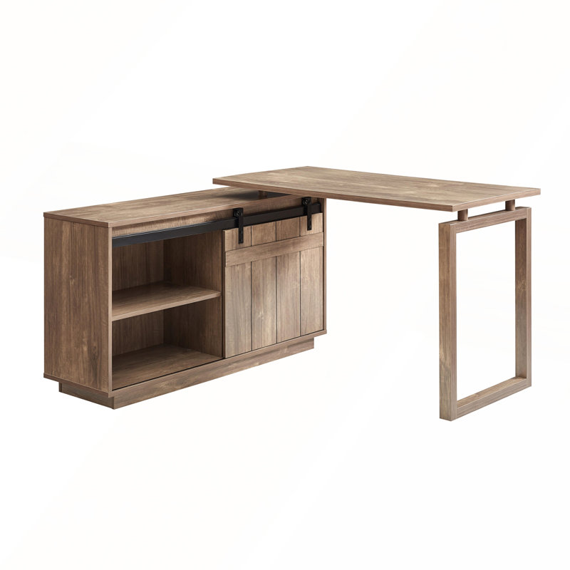 Bureau d'ordinateur en L réversible avec crédence de rangement pour porte de grange coulissante, poste de travail en bois vieilli