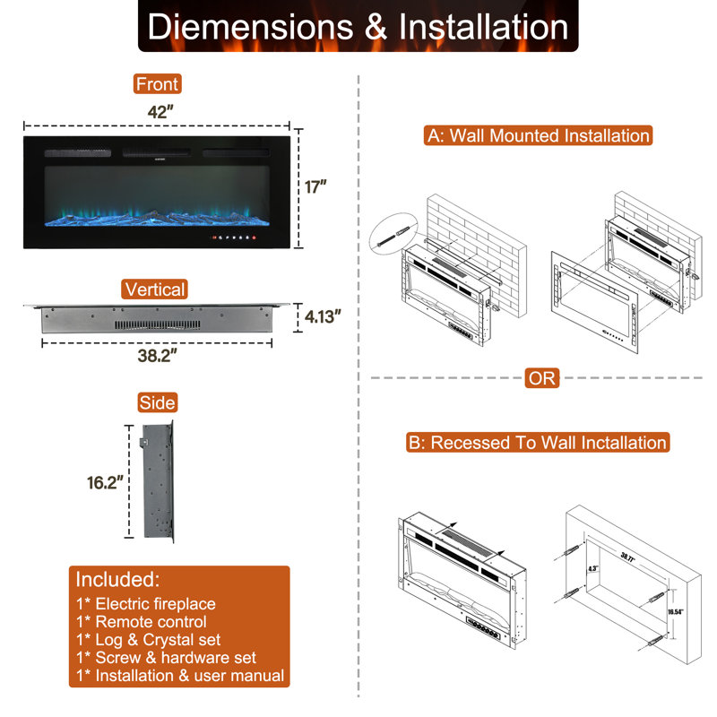 Gwenaelle Black Fireplace, 17" H x 42" W x 4.13" D