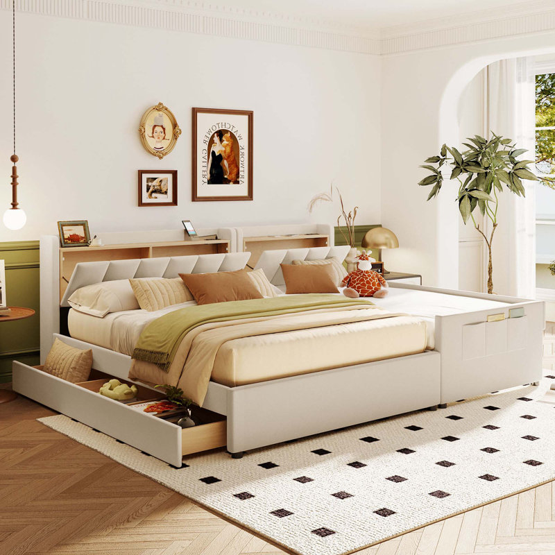 Queen Size & Twin XL Size Upholstered Platform Bed, Mother & Child Bed With Hydraulic Storage System, Drawer Box, Bedhead Storage Shelf And Two Pairs Of Sockets & USB Ports, PU Leather