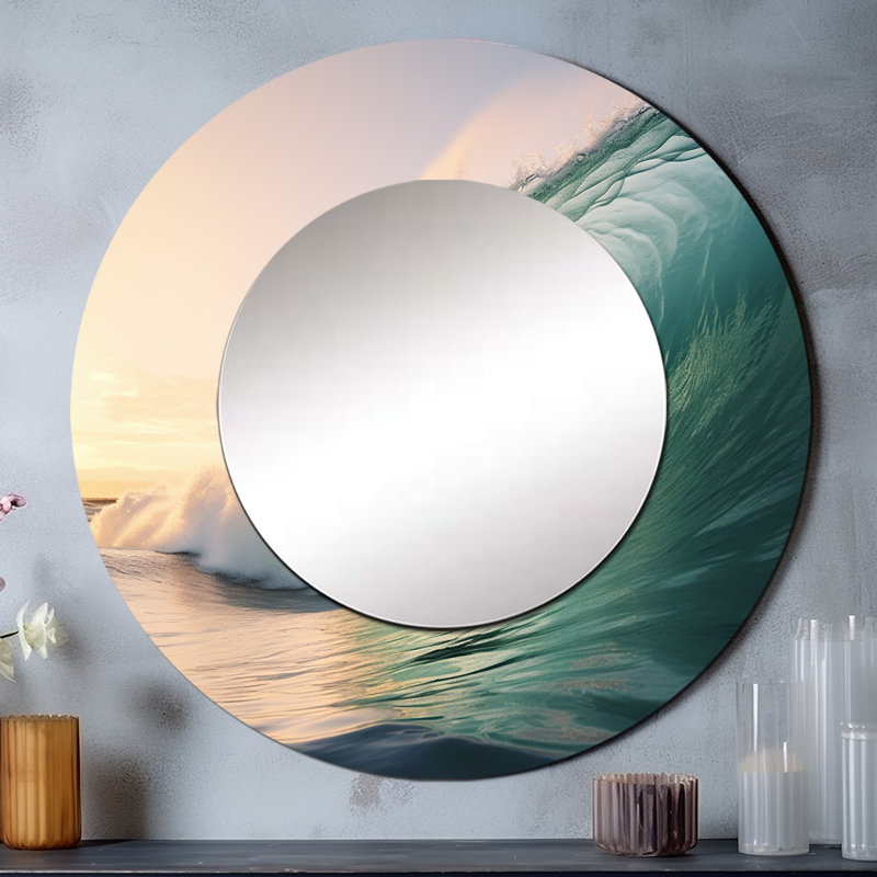 Turquoise puissance d'Ocean Wave IV - grand miroir côtier, miroir mural rond décoratif côtier, impression d'art en métal