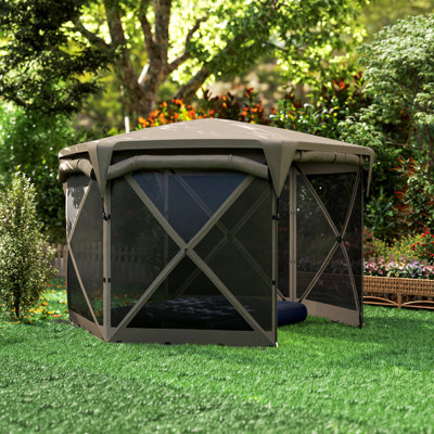Tente avec abri de jardin 11 x 11 pi avec toit amovible et panneaux de vent enroulables pour le camping, cour arrière, brun