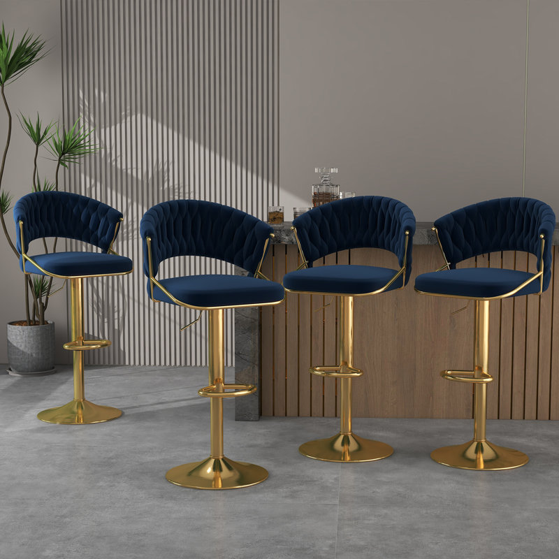 Christal Height Adjustable Swivel Bar Stool, Navy Blue, Gold