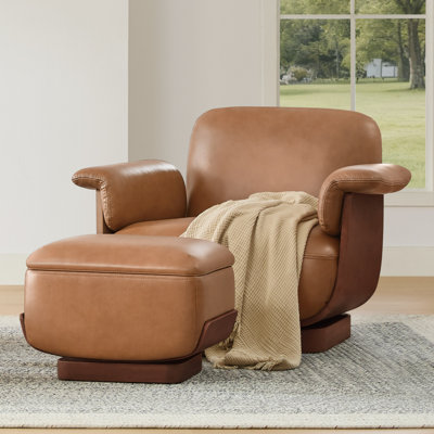 Modern Swivel Accent Chair with Ottoman-Genuine Leather