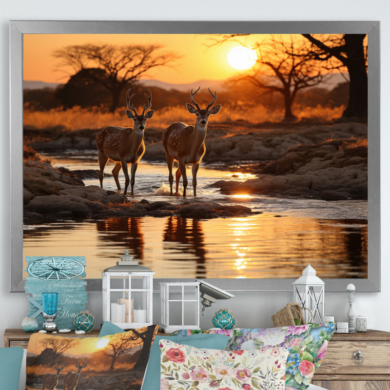 Cerf africain sur toile, Cadre simple argenté, H 24 po x l 32 po x P 1 po