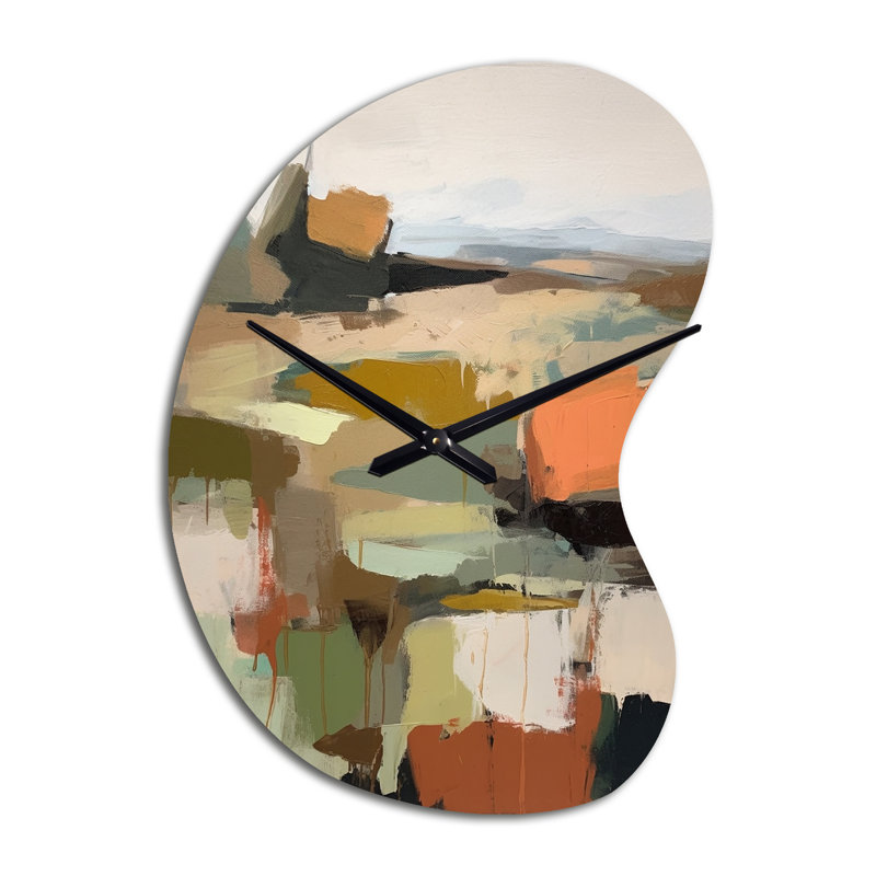 «Green and Beige Transcendant Reality III» - horloge murale moderne en métal de forme unique, impression d'horloge asymétrique