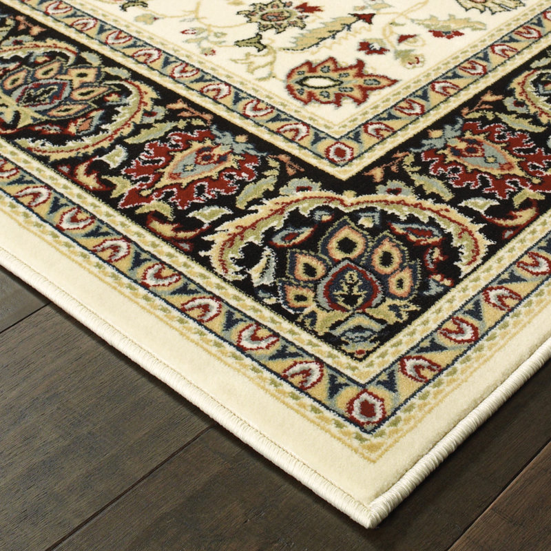 Tapis oriental ivoire / noir Greenwich, Rectangle 6 pi 7 po x 9 pi 6 po