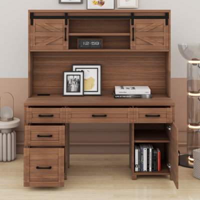 Home Office Computer Desk with 5 Drawers & Storage Cabinet, Executive Desk with Hutch and Charging Station & 2 Sliding Barn Doors