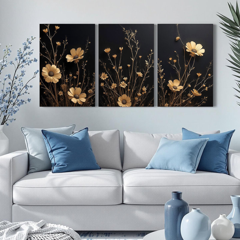 Art floral doré doré sur toile tendue, ensemble botanique abstrait (ensemble de 3), H 36 po x l 72 po