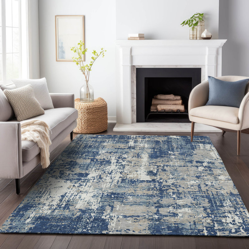 Navy Abstract Flat Woven Synthetic Washable Rug 2'6" x 3'10"