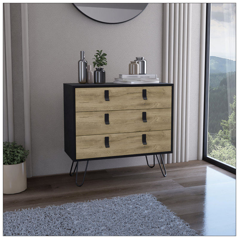 Commode H 29 po, commode 3 tiroirs, commode moderne avec pieds en épingle et détails métalliques, noir / macadamia