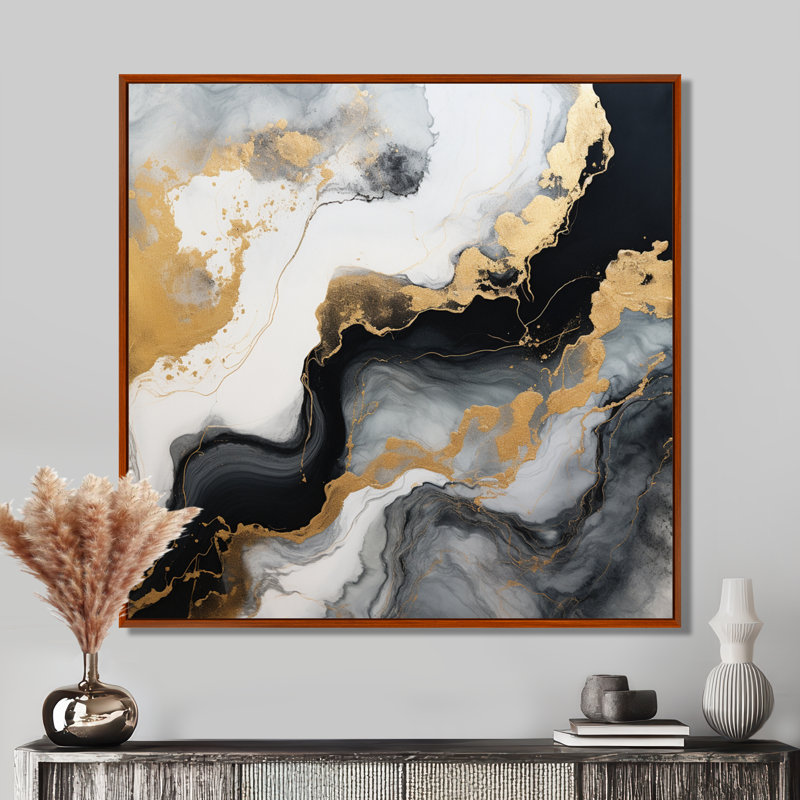 «Glam Gold Flows» - art mural marbre, Toile avec cadre flottant brun, H 16 po x l 16 po x P 1 po