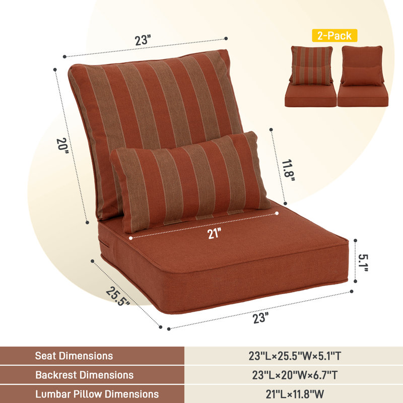 Aoodor Outdoor Seat/Back Cushion, 23" W x 25.6" D, Red Striped