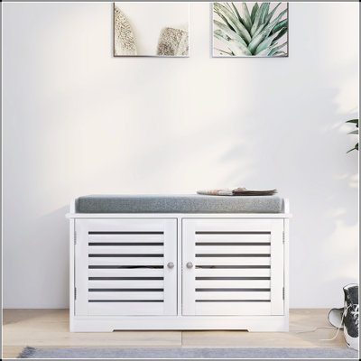 Banc de rangement pour chaussures avec coussin de siège rembourré, banc d'entrée avec 2 portes de grange