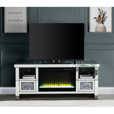Meuble télé avec foyer, miroir et faux diamants