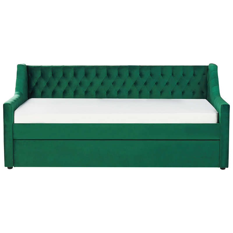 Picidae Upholstered Daybed with Trundle, Green, European Single (90 x 200cm)