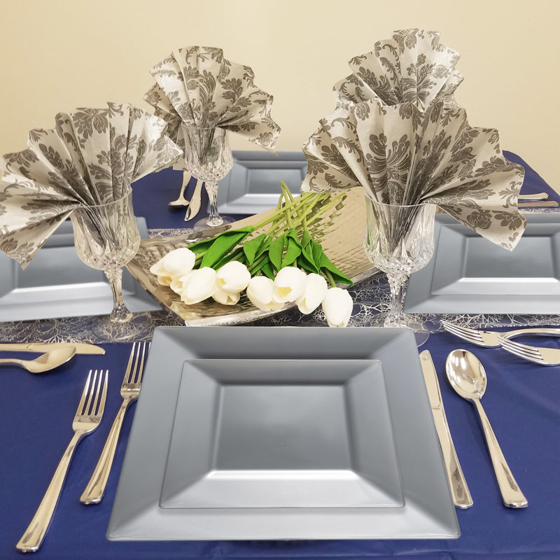 Silver Square Plastic Wedding Value Set - 60 Settings