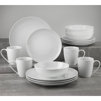 Euro Ceramica Claire Coupe 16pcs Dinnerware Set ( Dinner Plate / Salad Plate / 7'' Bowl / Mug , Service For 4 ) In Pure White