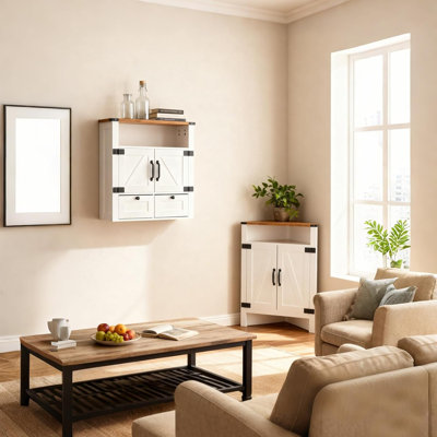 Farmhouse Corner Cabinet With Doors & Adjustable Shelves For Karoline & Organization