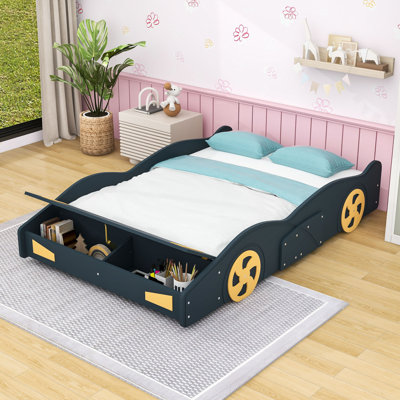 Full Size Race Car Platform Bed With Storage And Wheels