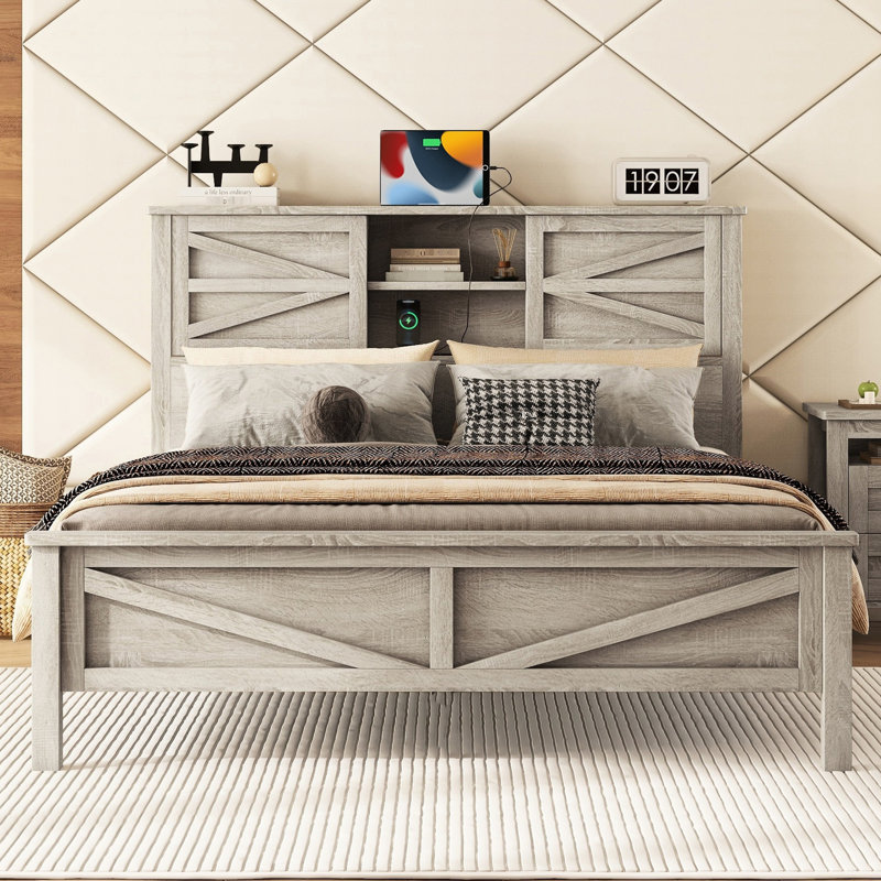 Grand lit en bois de style rustique avec tête de lit à double porte coulissante et point de charge, finition gris antique, support en lattes de bois, plateforme grand lit sans sommier, gris, base, nécessaire