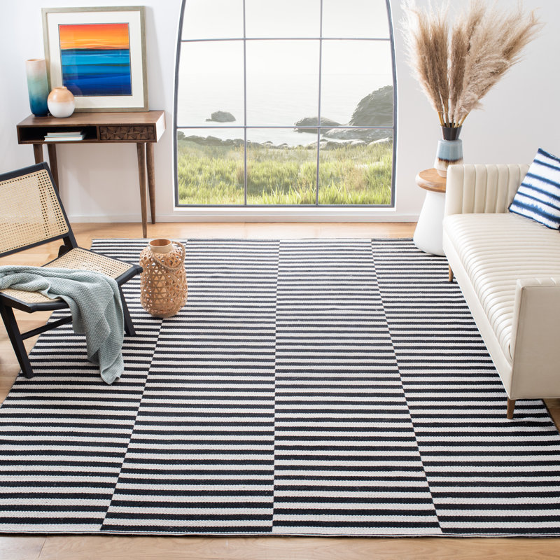 Tapis rayé ivoire / noir en coton tissé à plat Ilona, Carré 6 pi