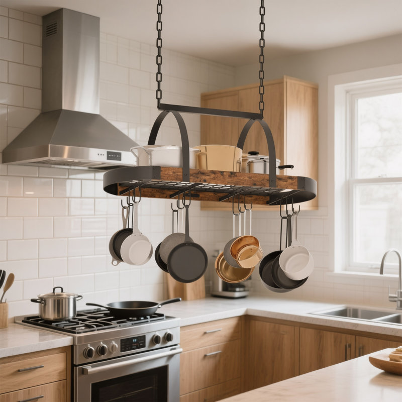 Support à casseroles à fixation au plafond avec crochets, organisateur de batterie de cuisine suspendu pour casseroles et poêles, support de rangement de cuisine en métal avec tablette en filet