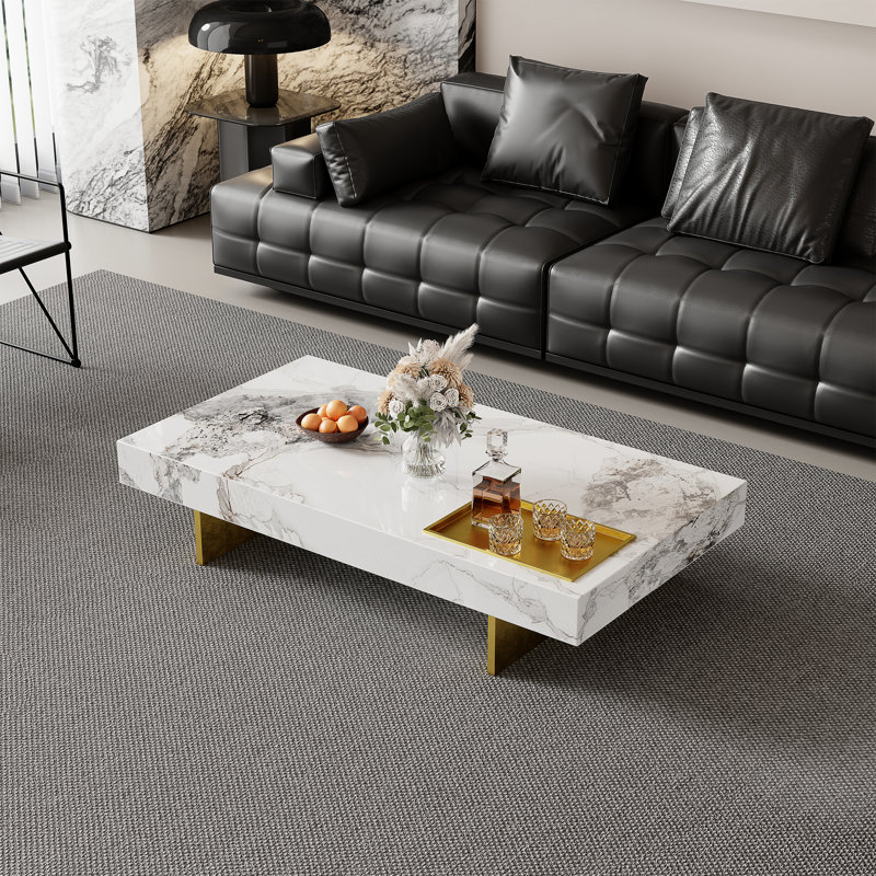 51" Modern Rectangular Coffee Table, Glossy Faux Marble Table top, Stainless Steel Legs, White Top/Gold Base