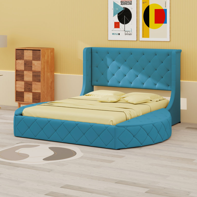 Lit plateforme tapissier avec tête de lit à oreilles et 1 grand tiroir, 2 tabourets de rangement latéraux, Bleu