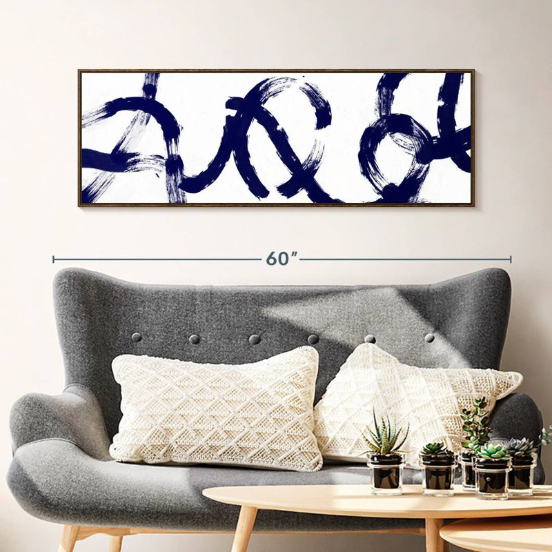 Coups d'un bleu profond, 46" X 16", Cadre flottant noyer