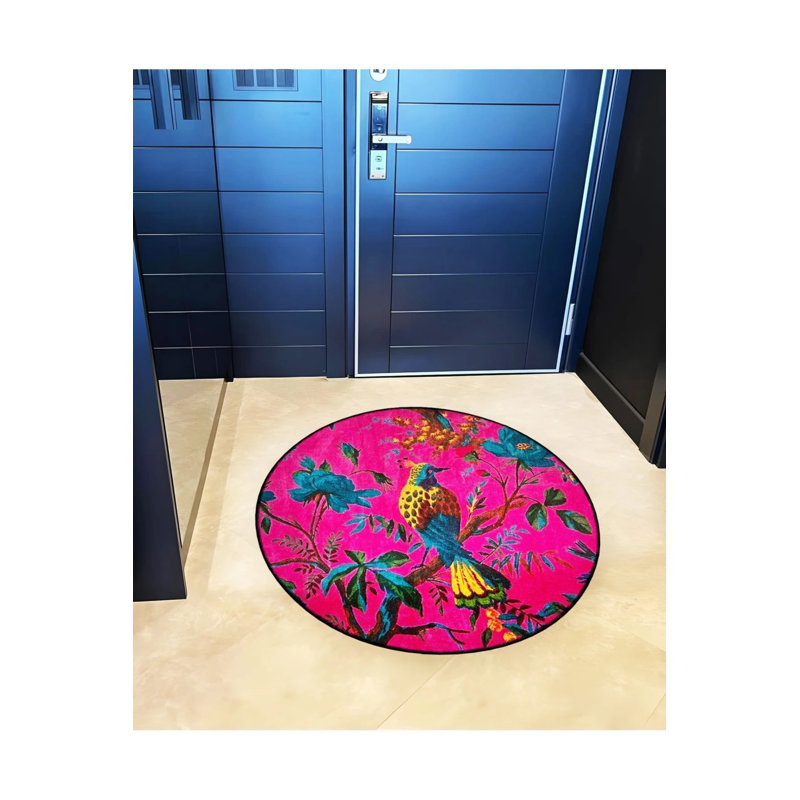 Dark Pink Bird And Flower Detailed Woven Base Modern Decorative Carpet, Round 2'8"
