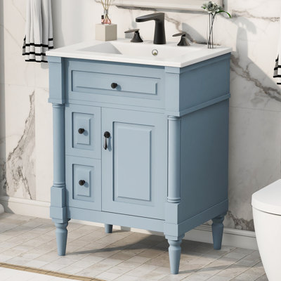 Meuble-lavabo sur pied 24 po avec lavabo, meuble-lavabo autoportant gris-bleu avec tiroir rabattable, tablette réglable