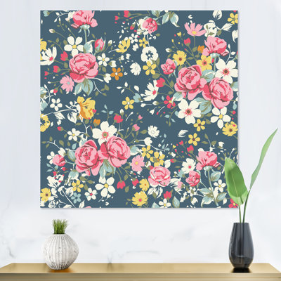 Vintage Roses And Yellow On Navy - Print on Canvas