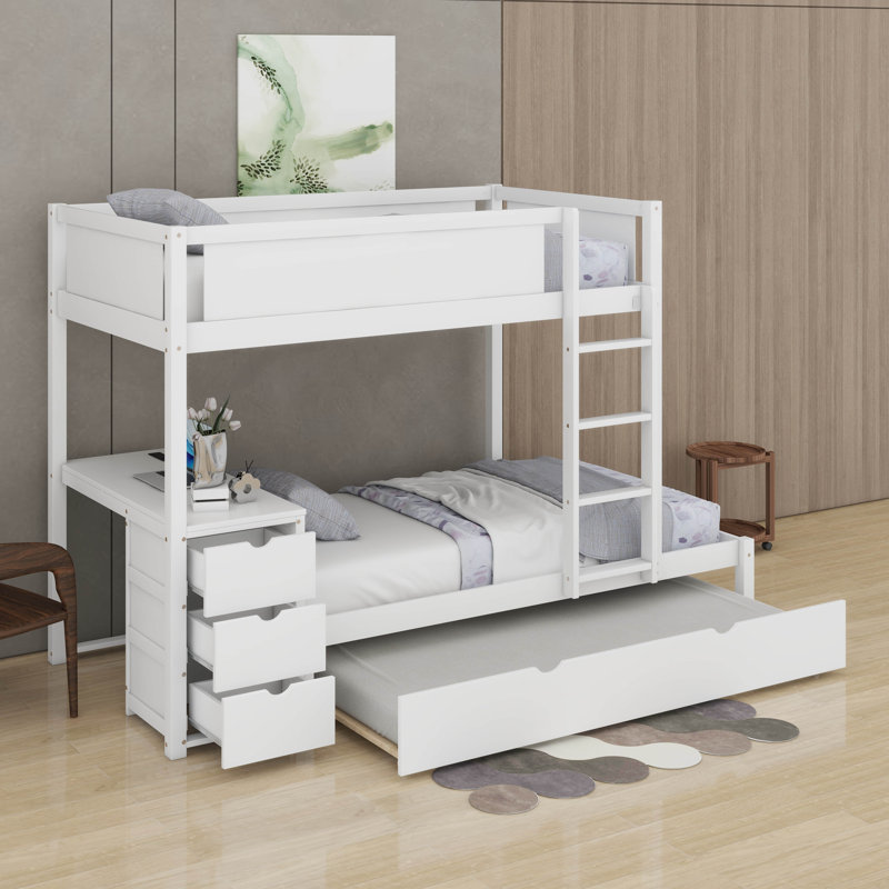 Lit superposé simple au-dessus de simple avec lit gigogne et bureau, Blanc
