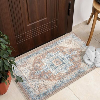 GLN Rugs Collection Vintage - tapis lavable à la machine, tapis lavable rétro, tapis antidérapant, tapis de salon à poils courts, tapis de chambre à coucher, tapis de salle de bain - facile à nettoyer (tapis beige et bleu)