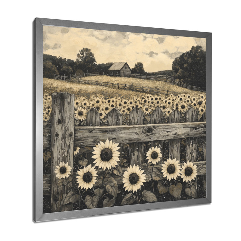 Donelia Sunflowers Beside The Farm Fence I - tournesols, art mural, Reproduction encadrée d'une seule photo, Argent argent