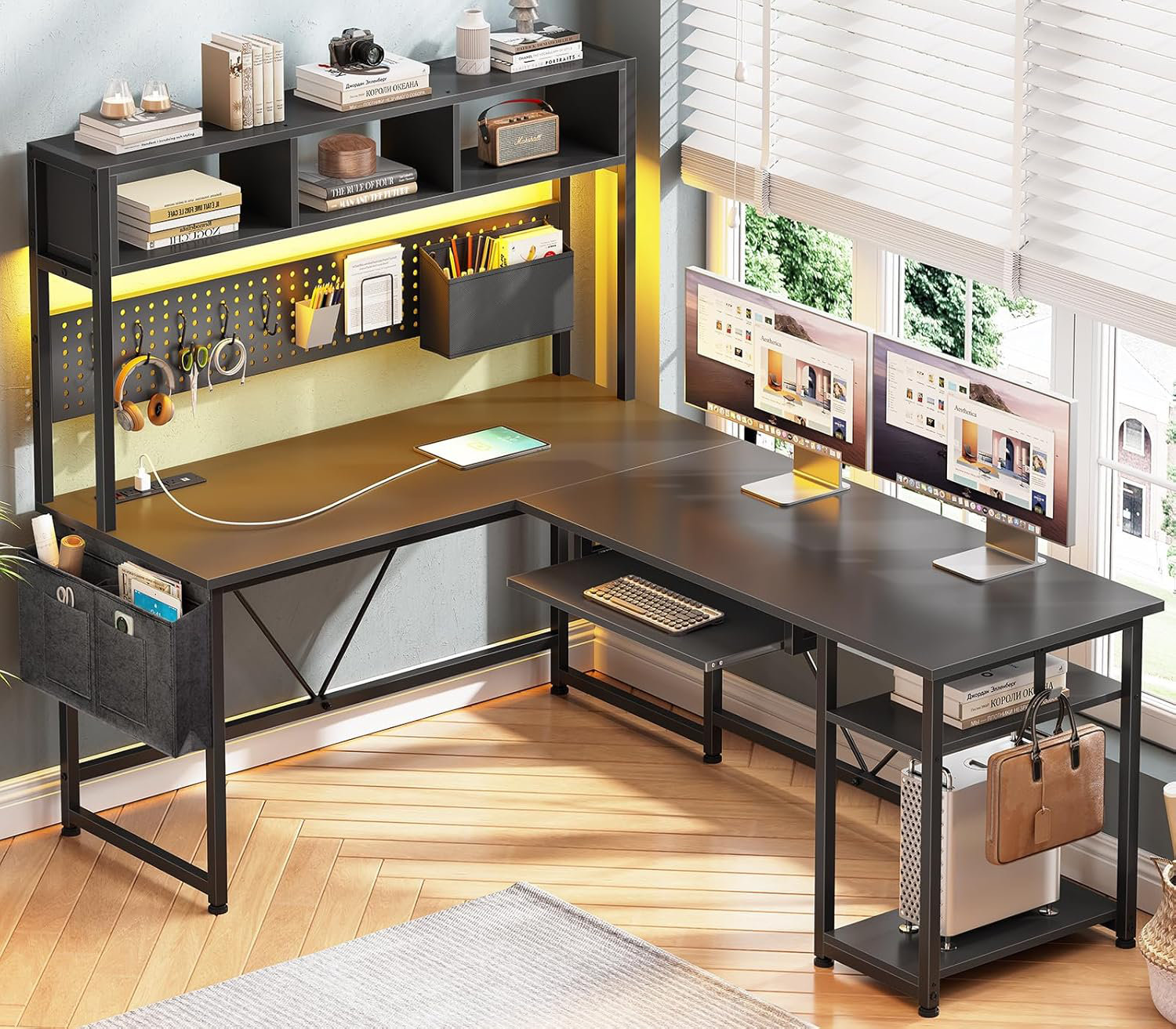 Wrought Studio™ L Shaped Gaming Desk With Hutch, 57.5” Reversible Corner  Computer Desk With Storage Shelves, Gaming Desk With Pegboard, Led Lights,  Power Outlet, Keyboard Tray \u0026 Reviews | Wayfair, image size:1500x1313