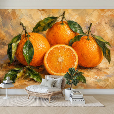 Wall Mural Peel and Stick Wallpaper Oranges Still Life Oil Painting Citrus Fruit Green Leaves Self-Adhesive Removable Contact Paper Wall Decor for Living Room Bedroom 100"H x 144"W