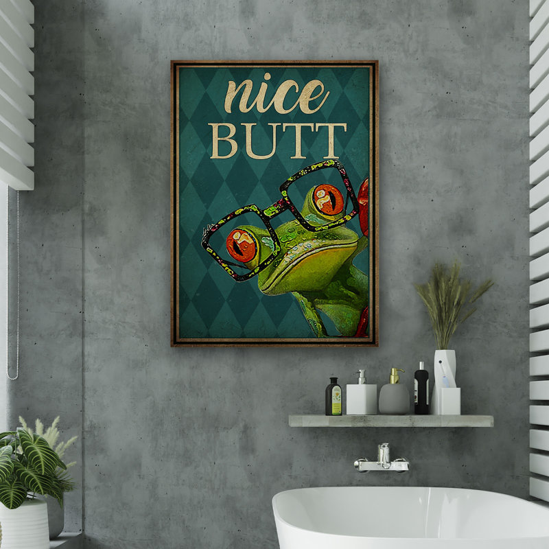 Grenouille avec des lunettes - jolie toile tendue avec toile tendue - décor d'illustrations animales pour le bain et la lessive, décor de salle de bain bleu et vert