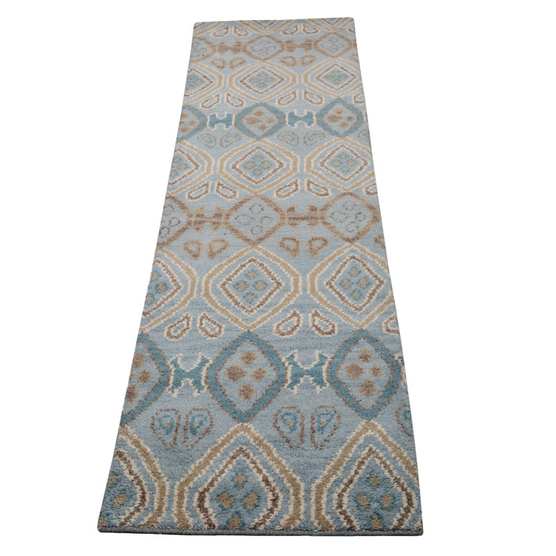 Light Blue Wool Handmade Geometric Indoor Area Rugs Hand Knotted Runner, Runner 2'6" x 10'