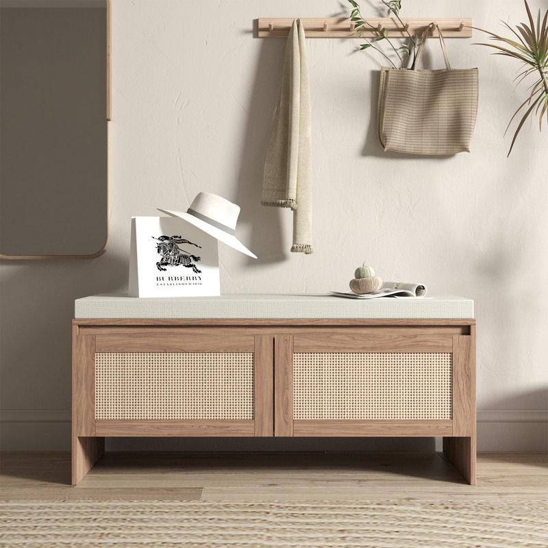 PP Rattan Bench With Storage,Faux Rattan Shoe Cabinet With 2 Doors,Farmhouse Shoe Bench For Living Bedroom,Natural