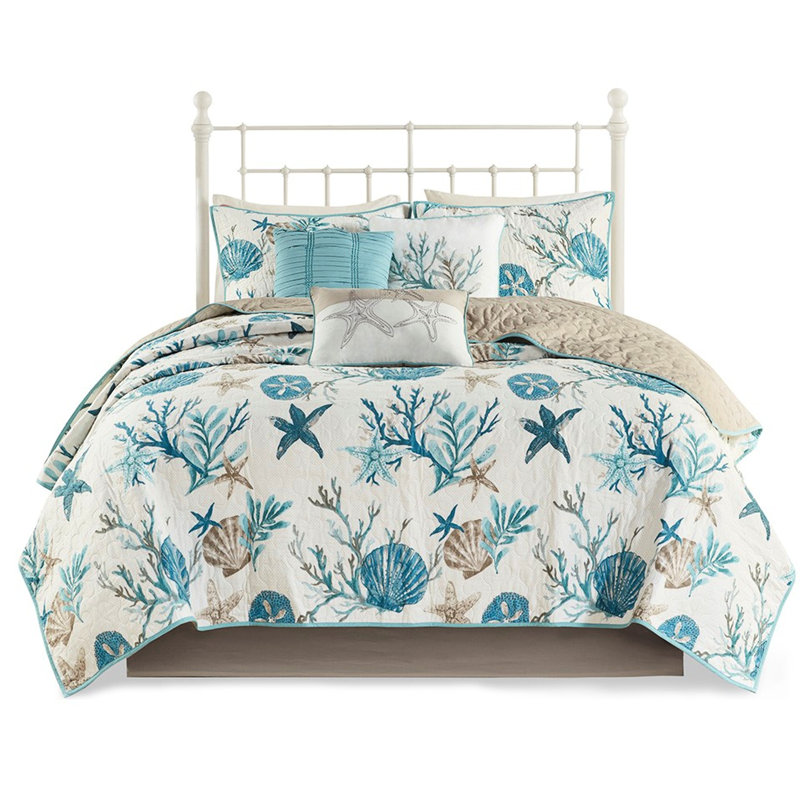 Courtepointe luxueuse pour chambre à coucher - lit double / grand 6 pièces avec coquillages imprimés, étoiles de mer et coraux