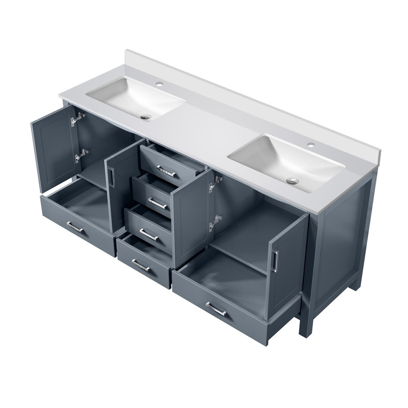 Meuble-lavabo double gris foncé l 72 po x P 22 po avec comptoir en quartz blanc, Gris foncé, 72"