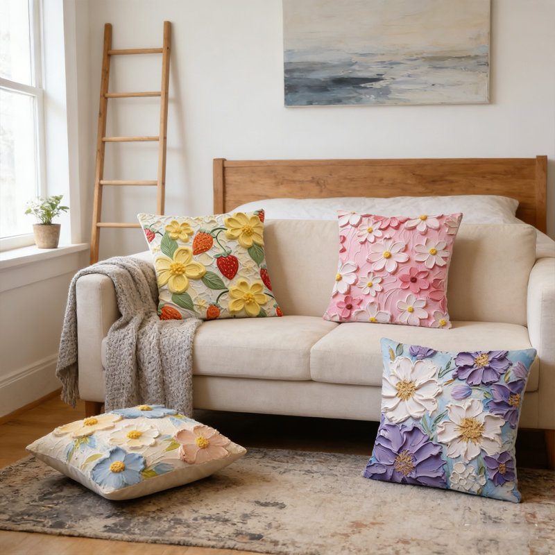 Vintage Oil Painting Tree Throw Pillow Cover Set of 4, Flower Oil Painting Throw Pillow Covers, Square Home Decorative Cushion Cover for Sofa Couch Car (No pillow)