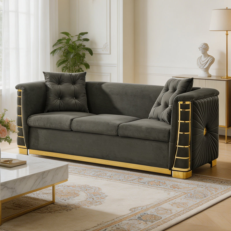 Veloria 82.3" Velvet 3-Seater Sofa with 2 Pillows for Living Room and Apartment, Gray