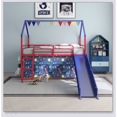 Ensemble lit mezzanine simple avec glissade et rideau Jack Junior