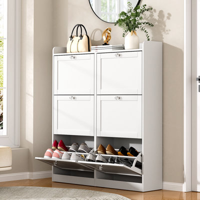 Narrow Shoe Storage Cabinet with 6 Flip out Drawers and Storage Top, Shoe Rack with Diamond Handles for Entryway, Hallway, Living Room