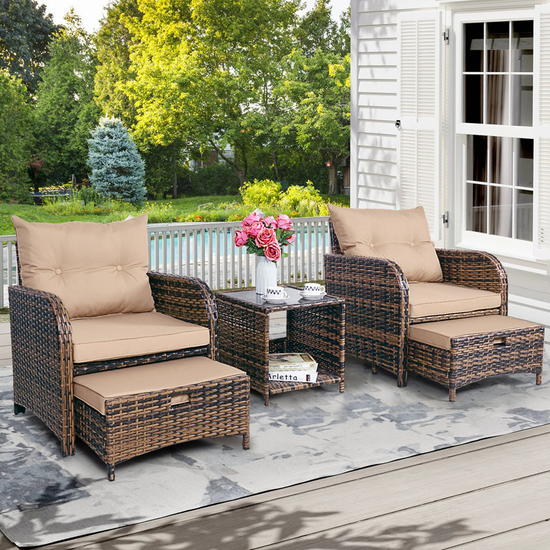 Beige Cushioned Brown Wicker 5-Piece Patio Conversation Set