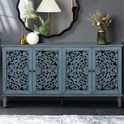 Buffet antique de 60 po avec sculptures florales complexes, construction en bois massif, tablettes réglables, décorations en laiton, meuble télé 65 po pour différentes pièces, armoires ajourées, pieds, poignées, plusieurs décors intérieurs